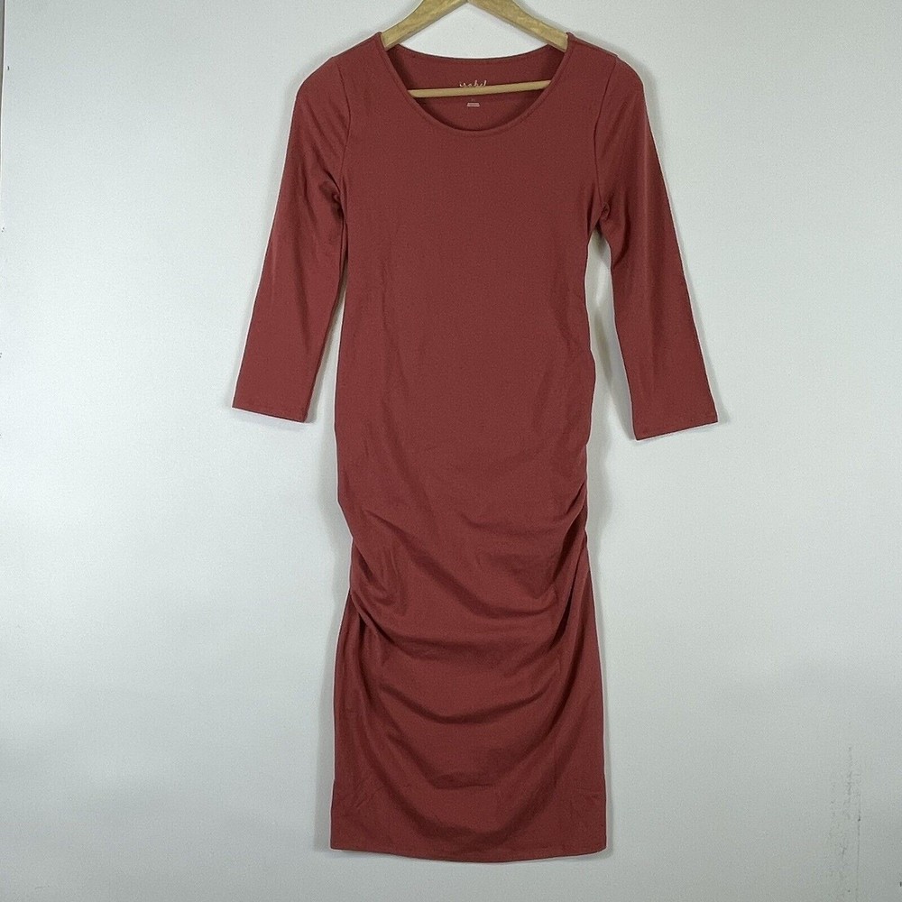 Isabel Maternity Dusty Coral 3/4 Sleeve Ruched Bodycon Dress Womens XS NEW NWT